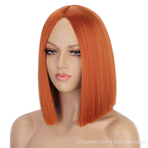 Wholesale price  ginger orange Silky Straight Wig Colorful Middle Part Synthetic Hair Bob Wigs Copper Color  lace Bob wig